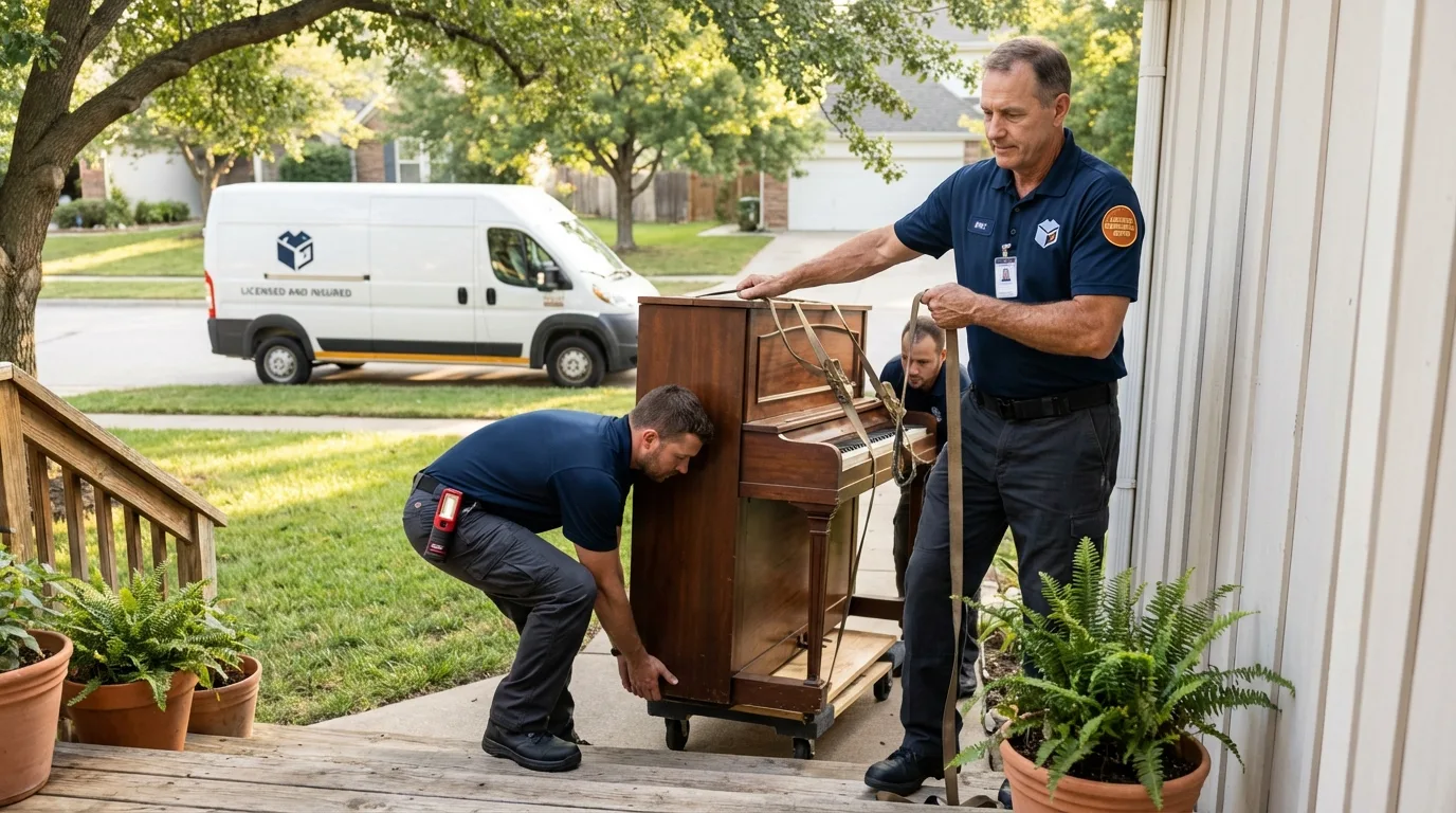 Licensed piano movers securing grand piano in Shelton, NE