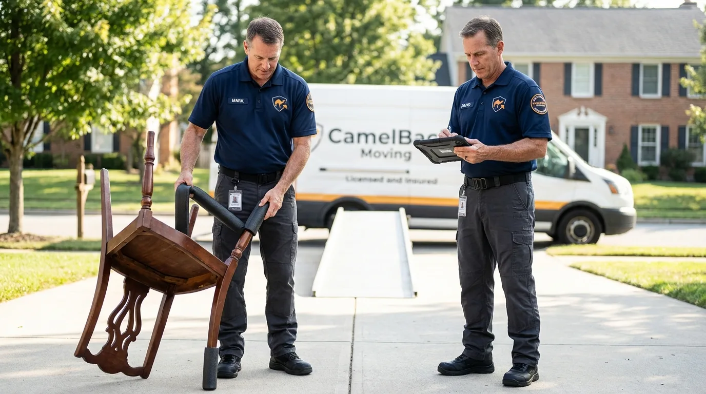 Movers inspecting furniture for damage prevention before loading in Shelton, NE