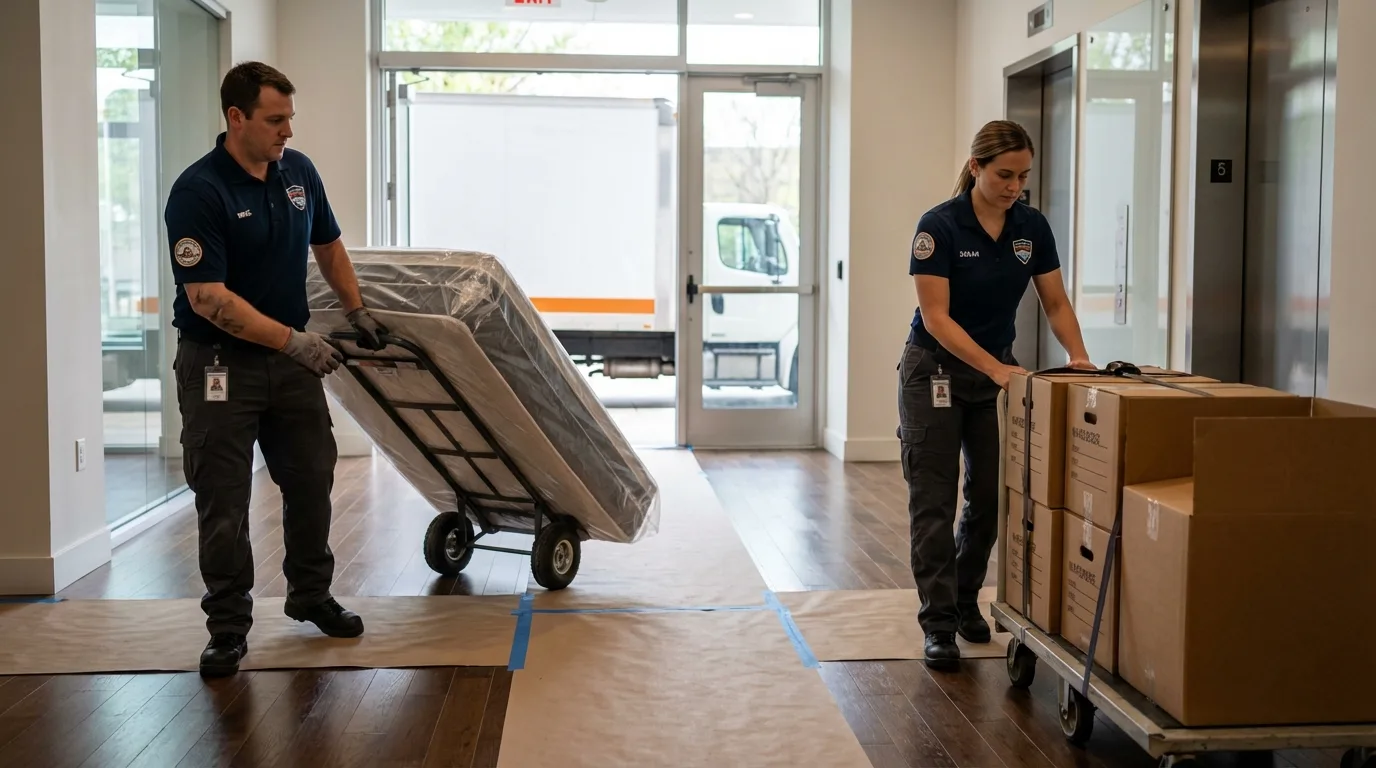 Professional apartment movers loading elevator in Shelton, NE