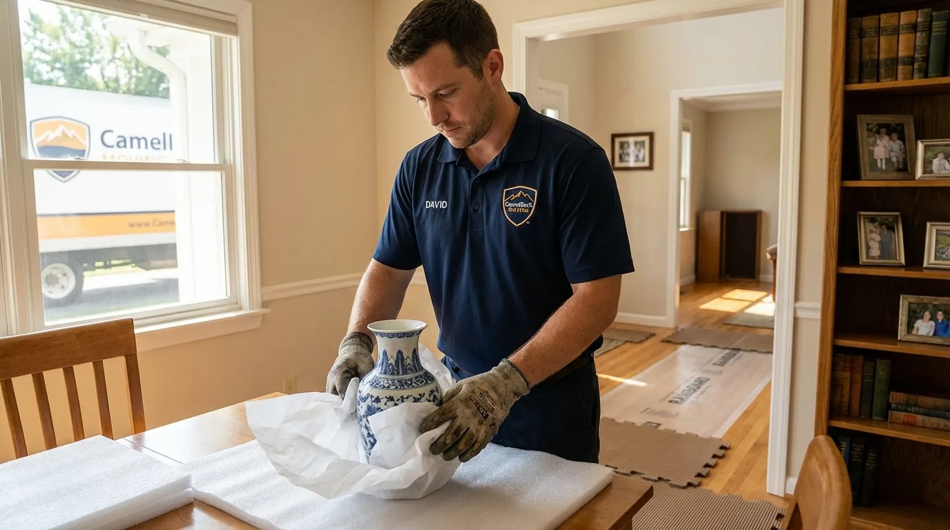 Professional crew carefully wrapping antique vase for senior downsizing move in Shelton, NE